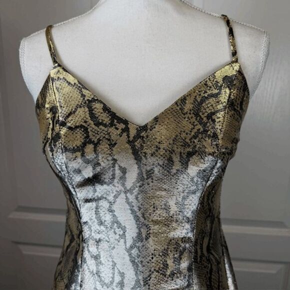 Topshop Metallic Snakeskin Two Tone Mini Dress Gold Black Size 4 - Picture 3 of 12